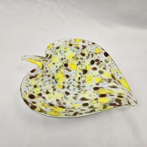 Vintage Confetti Murano Glass Dish Trinket Candy Bowl Italian Hand Blown Leaf